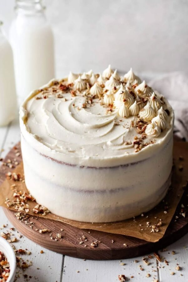 Carrot Cake Classic carrot cake with white frosting, piped swirls and a scattering of nuts