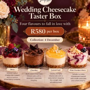 01-1000643475 Soeterie Cakes Wedding Cheesecake Taster Box: Berry, Chocolate, Lemon Curd and White Chocolate & Berry. R580, collection 4 December.