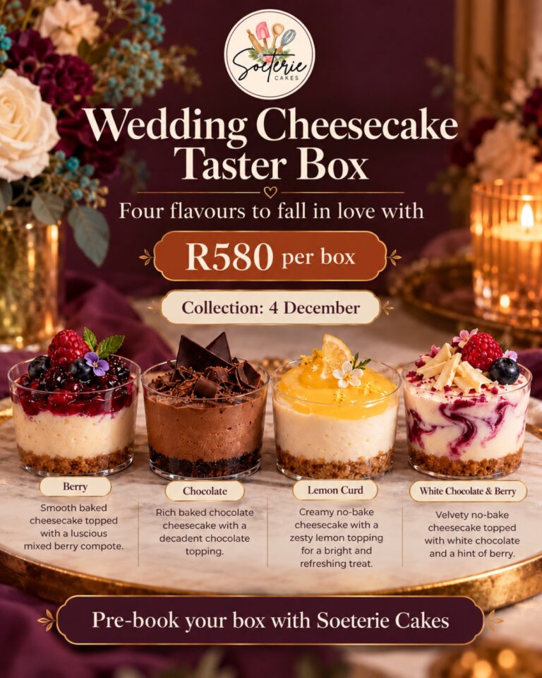 01-1000643475 Soeterie Cakes Wedding Cheesecake Taster Box: Berry, Chocolate, Lemon Curd and White Chocolate & Berry. R580, collection 4 December.