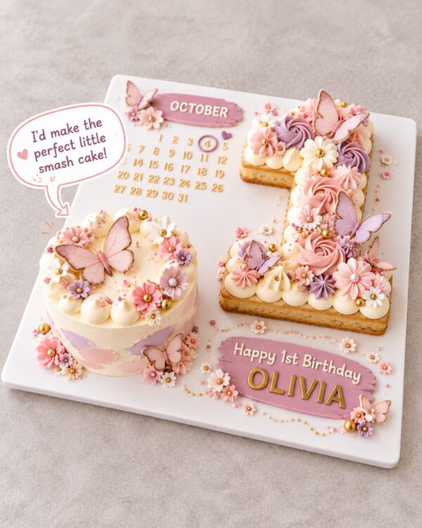 Olivia butterfly-themed Celebration Board with a pastel pink and lilac mini cake, layered number 1 cookie cake, flowers, butterflies and personalised first birthday message.